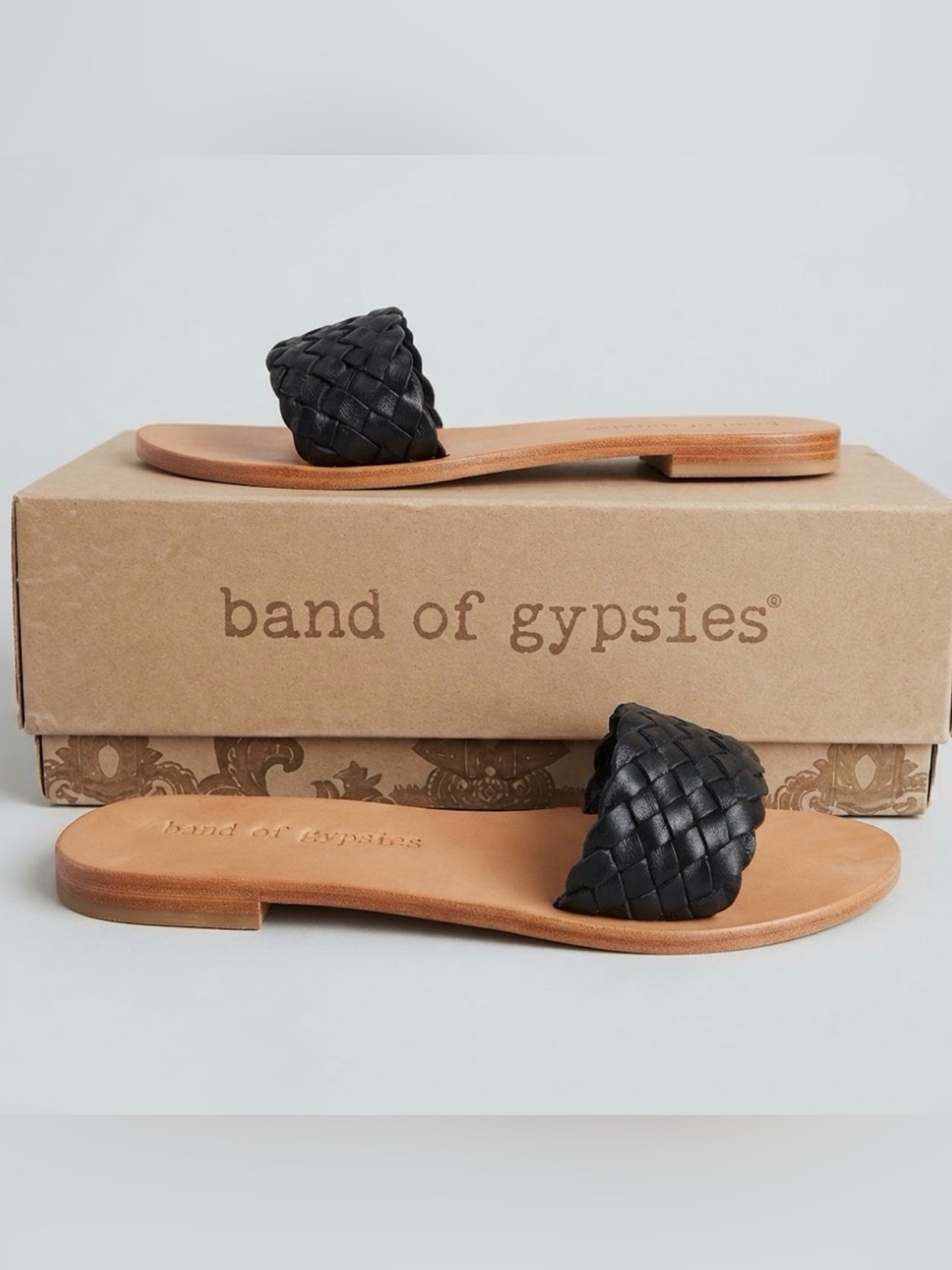 Band of Gypsies Black Woven Leather Slide Sandals with Tan Footbed